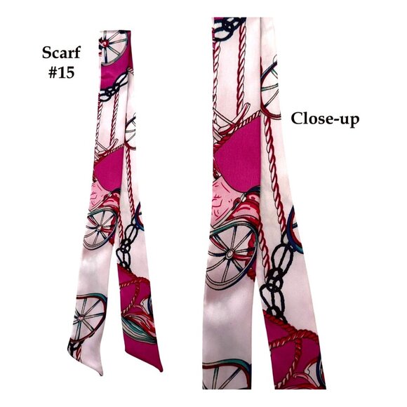 Silk Slim Scarf 35 inch Retro Equestrian Print Deep Pink Hair Bag Neck - Picture 2 of 8